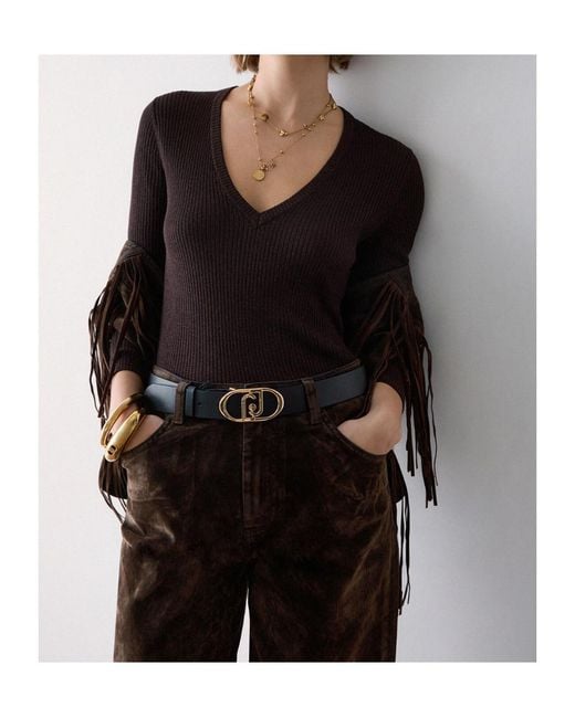 Liu Jo Brown Ribbed V-Neck Knitted Top