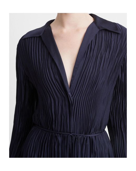 Vince Blue Long-Sleeve Pleated Shirtdress
