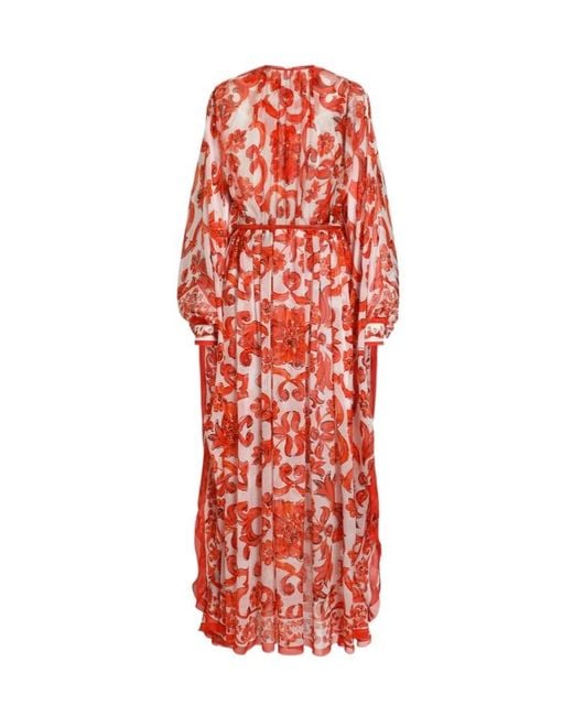 Dolce & Gabbana Red Maiolica-Print Silk Kaftan Long Dress