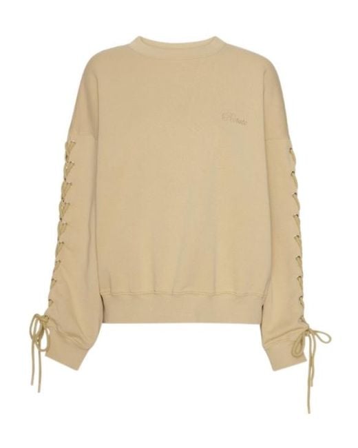 ROTATE BIRGER CHRISTENSEN Natural Lace-Up Sleeve Logo Embroidered Sweatshirt