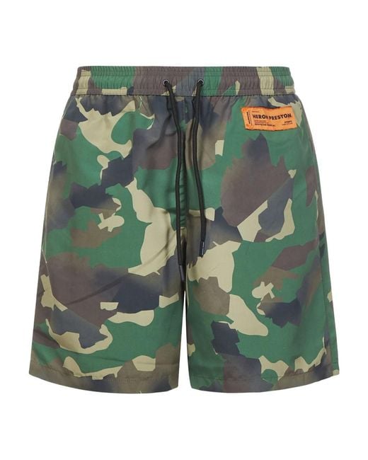 Heron Preston Green Camouflage Printed Drawstring Swim Shorts for men