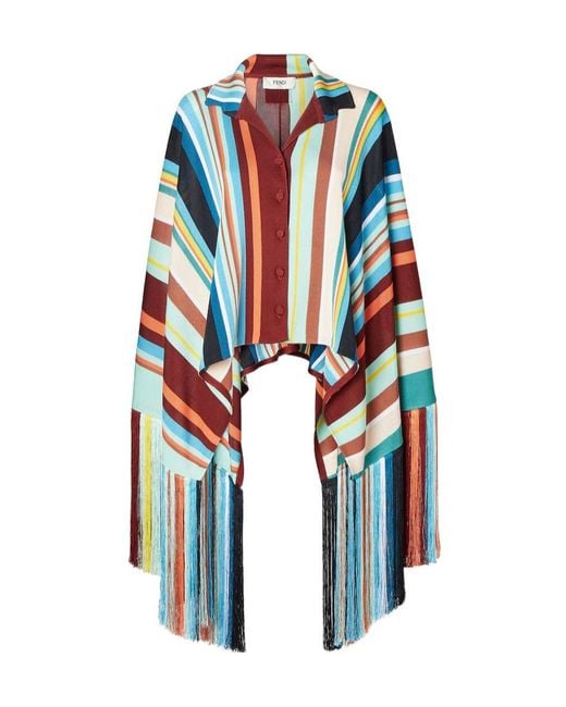 Fendi Blue Striped Fringe Cropped Knitted Jacket