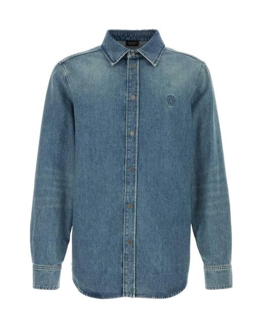 Gucci Blue Cotton Denim Shirt With Embroidery for men
