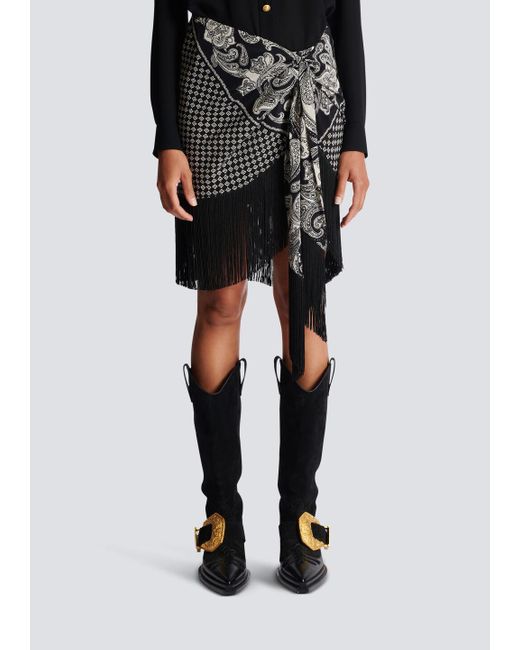 Balmain Black Fringed Silk Scarf Skirt