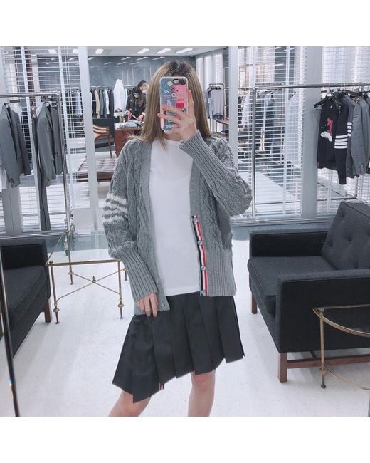 Thom Browne Gray 4-Bar Aran Cable Knit Cardigan for men