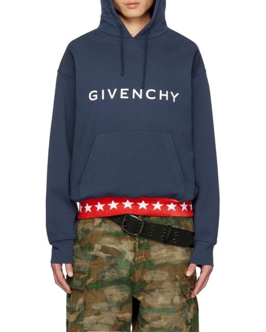 Givenchy Blue Logo Printed Drawstring Hoodie for men
