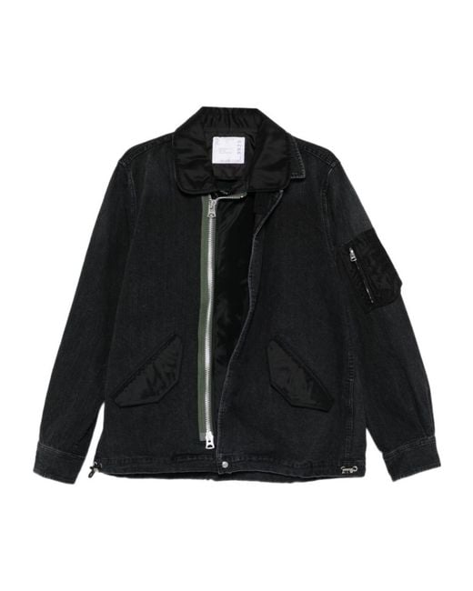 Sacai Black Panelled Zip Denim Jacket for men