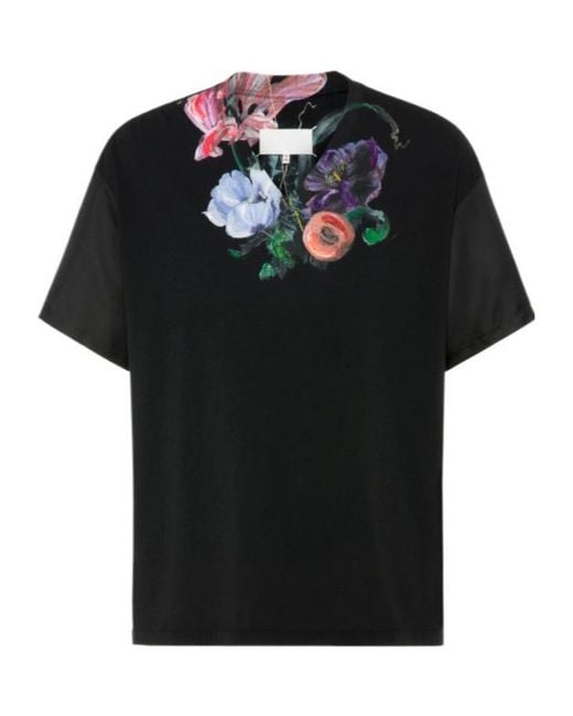 Maison Margiela Black Floral Printed V-Neck T-Shirt for men