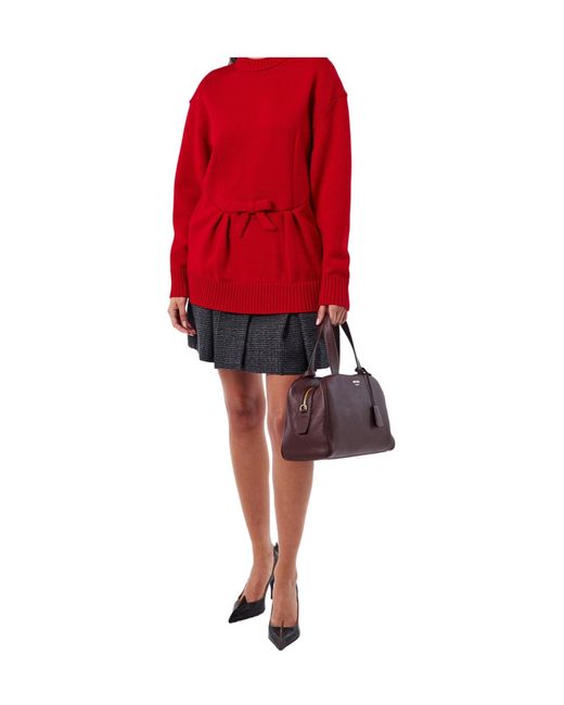 Prada Red Mock Neck Waist-Cinched Knit Sweater