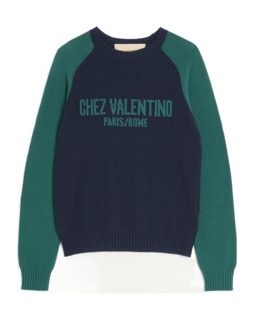 Valentino Blue Chez Logo Intarsia Crewneck Jumper for men