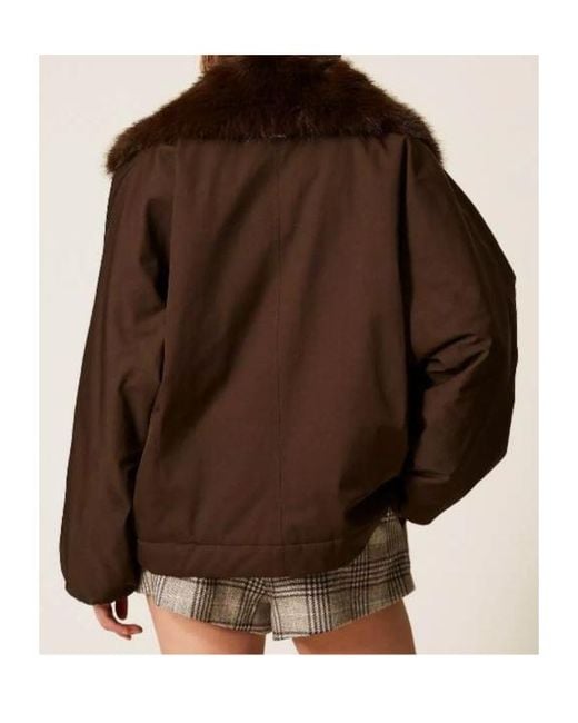 Twinset Brown Faux Fur Collar Gabardine Jacket