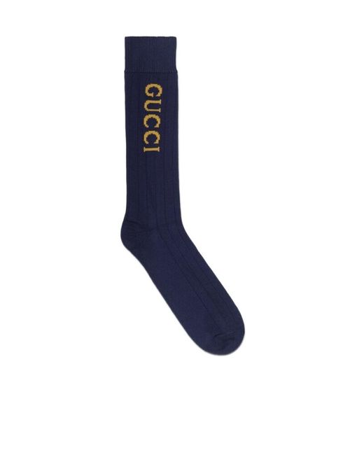 Gucci Blue Intarsia-Knit Logo Socks for men