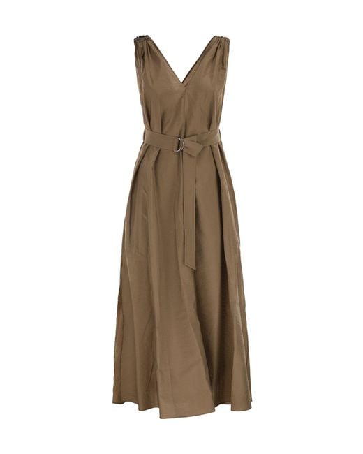 Brunello Cucinelli Natural Belted Pleated Midi Dress
