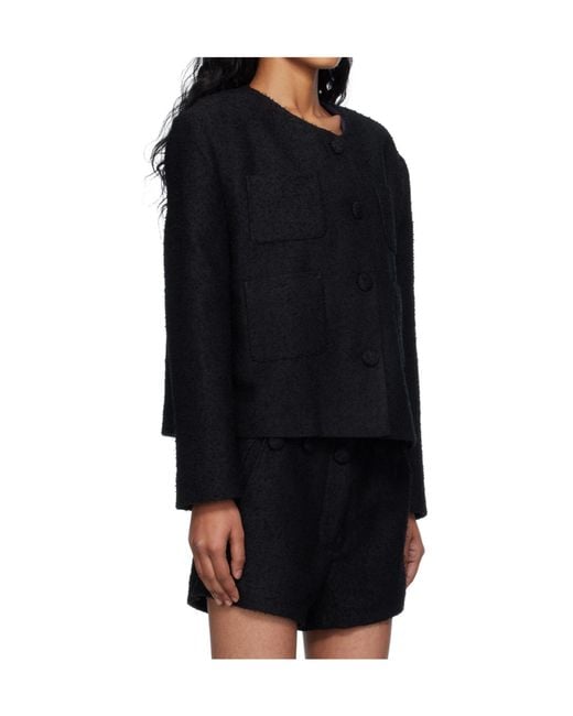Pushbutton Black Collarless Tweed Jacket