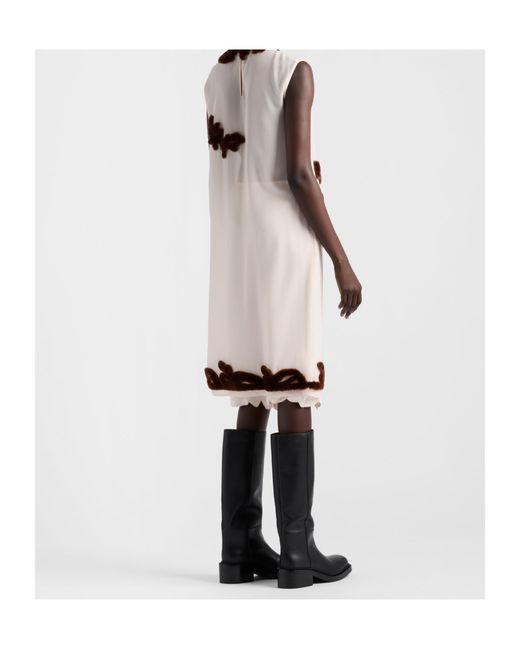 Prada Natural Silk Shearling-Appliqué Midi Dress