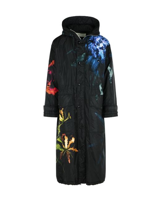Dries Van Noten Black Printed Hooded Coat for men