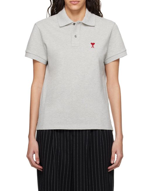 AMI Gray Ami De Coeur Logo Embroidered Short-Sleeved Polo Shirt for men