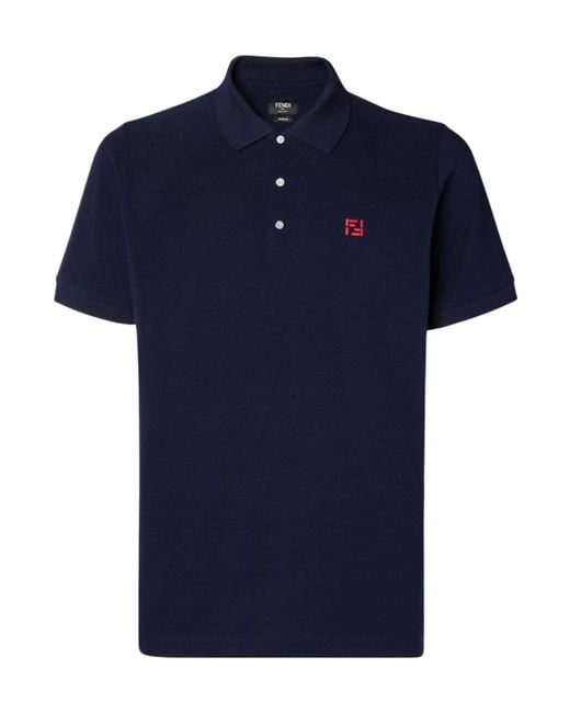 Fendi Blue Ff Embroidered Short Sleeved Polo Shirt for men