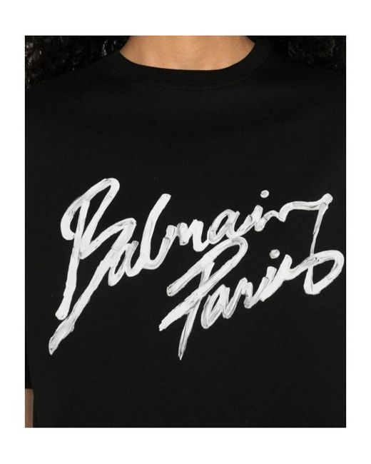 Balmain Black Graphic Printed Cropped T-Shirt