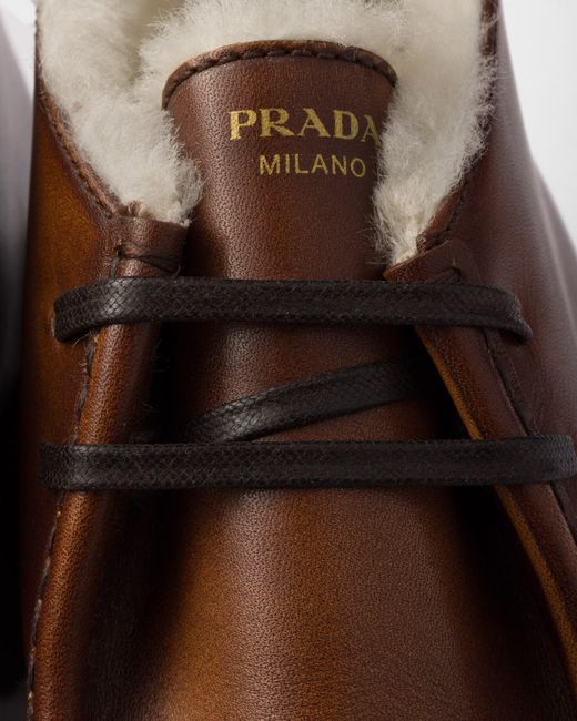 Prada Brown Leather And Shearling Booties