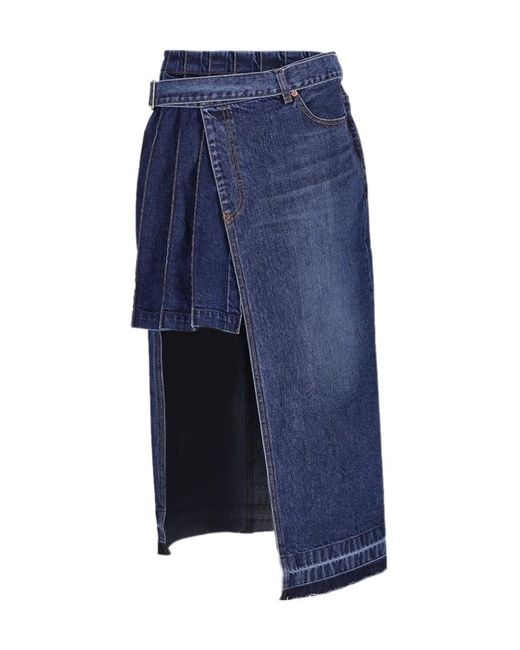Sacai Blue Overlapping Raw-Cut Hem Denim Midi Skirt