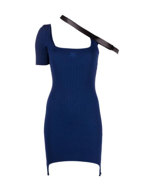 Courreges Blue Ribbed-Knit Single-Sleeve Dress