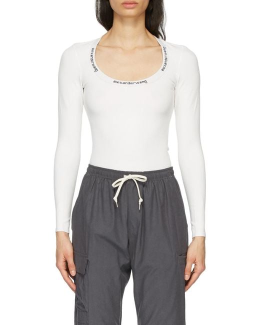 Alexander Wang White Logo-Print Long-Sleeved Top