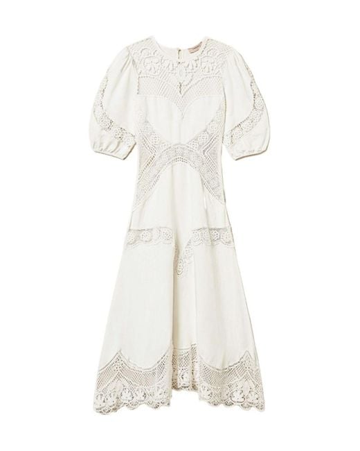 Twinset White Embroidered Lace Midi Dress