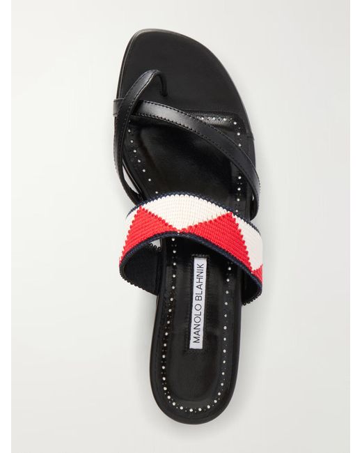 Manolo Blahnik White Blocked Leather Flat Slide Sandals