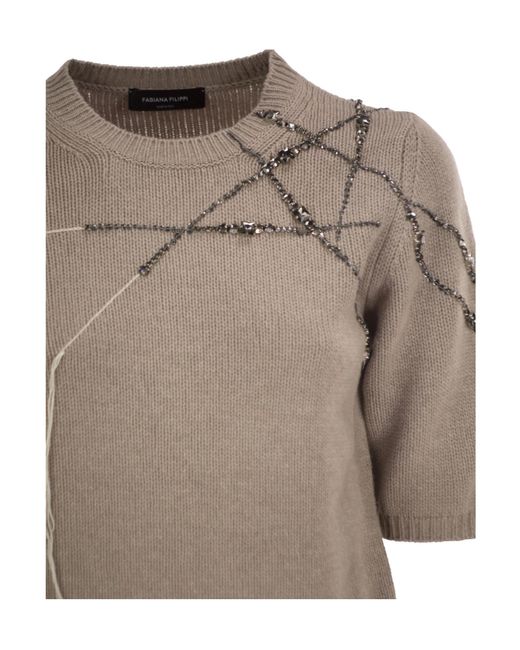Fabiana Filippi Brown Rhinestone Short-Sleeve Knitted Sweater