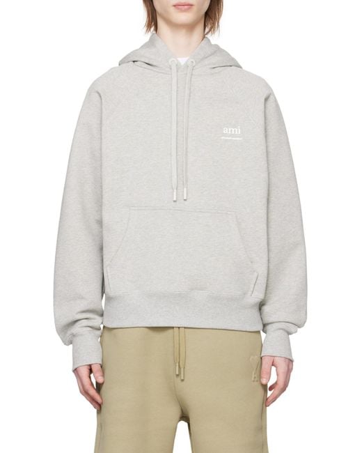 AMI Gray Ami De Coeur Logo-Printed Drawstring Hoodie for men