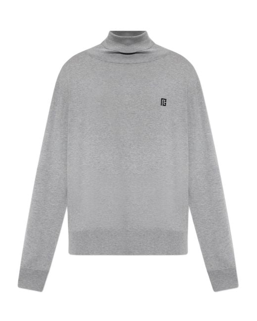 Balmain Gray Logo Turtleneck Knitted Sweater for men