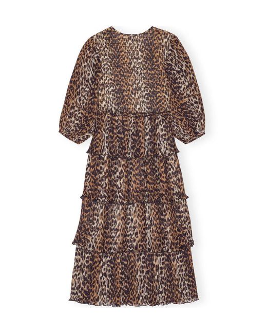 Ganni Brown Leopard Printed Pleated U-Neck Midi Dress