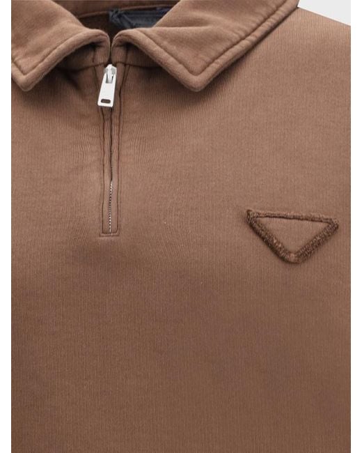 Prada Brown Long-Sleeved Fleece Polo Shirt for men