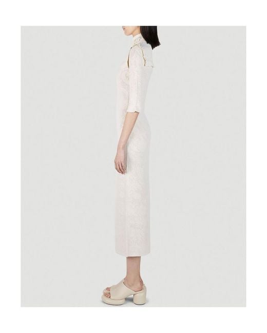 Sportmax White Ruffle Detailed High Neck Midi Dress
