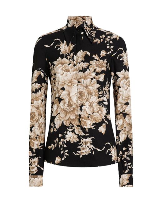 Dolce & Gabbana Black Silk-Blend Rose Print Shirt