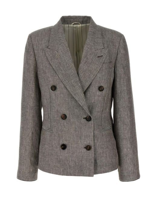 Brunello Cucinelli Gray Double-Breasted Twill Blazer