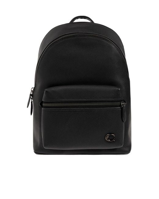 COACH Black Logo-Plaque Leather Backpack for men