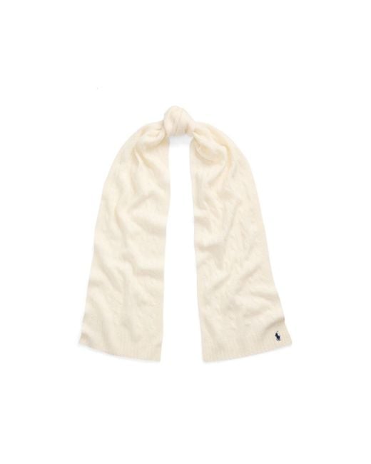 Polo Ralph Lauren White Logo Embroidered Cable Knitted Scarf