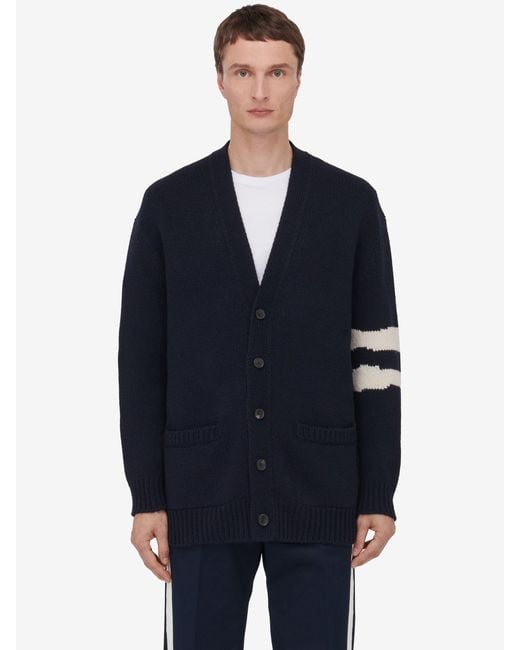 McQueen Blue Skull Intarsia-Knit V-Neck Cardigan for men