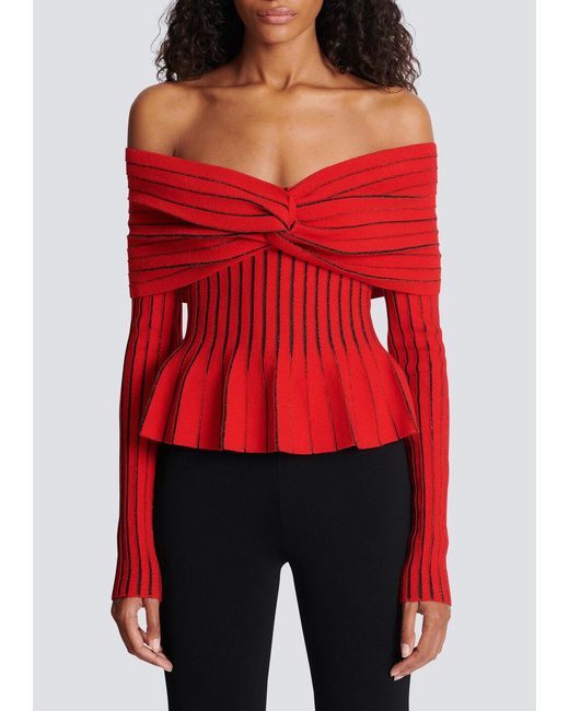 Balmain Red Knotted Off-The-Shoulder Top