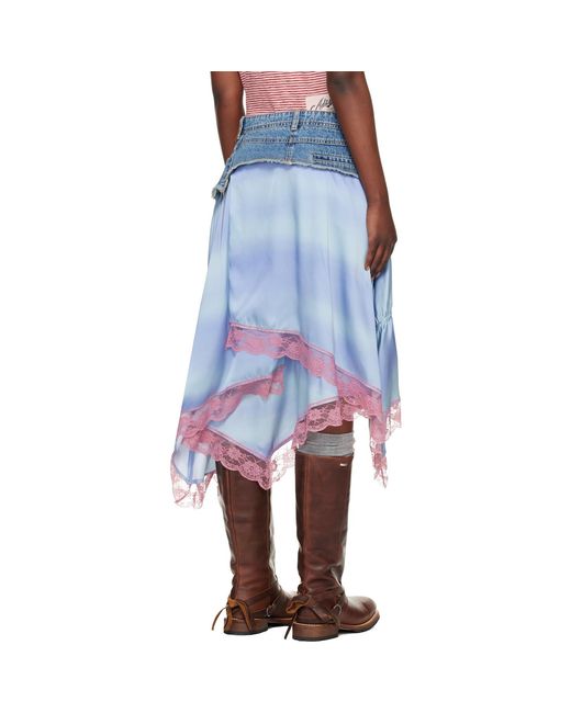 ANDERSSON BELL Blue Denim Patchwork Lace Trim Midi Skirt