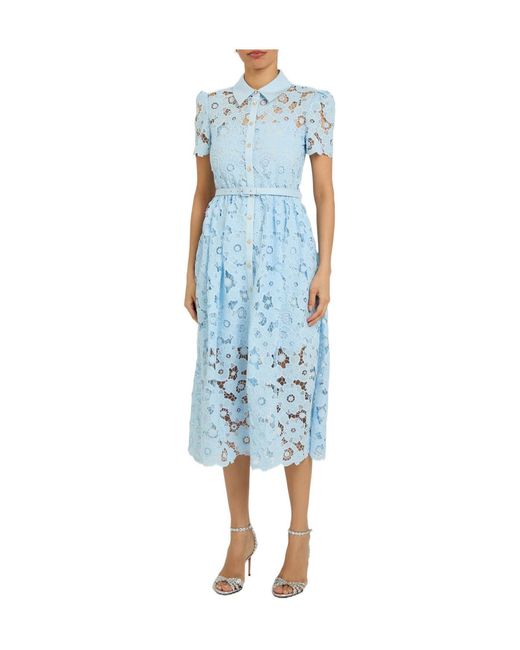Self-Portrait Blue Belted Guipure-Lace Midi Shirt Dress