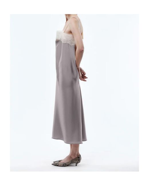 Carven Gray Lace-Embellished Pleated Slip Dress