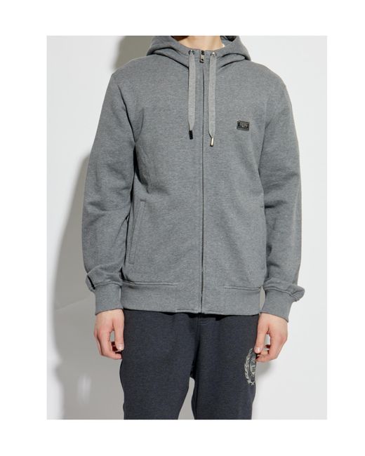 Dolce & Gabbana Gray Logo Plaque Zipped Drawstring Hoodie for men