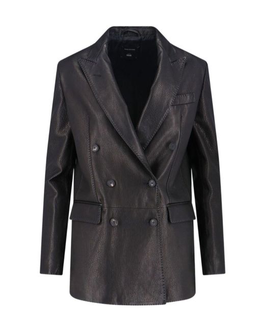 Tagliatore Black Double-Breasted Leather Blazer