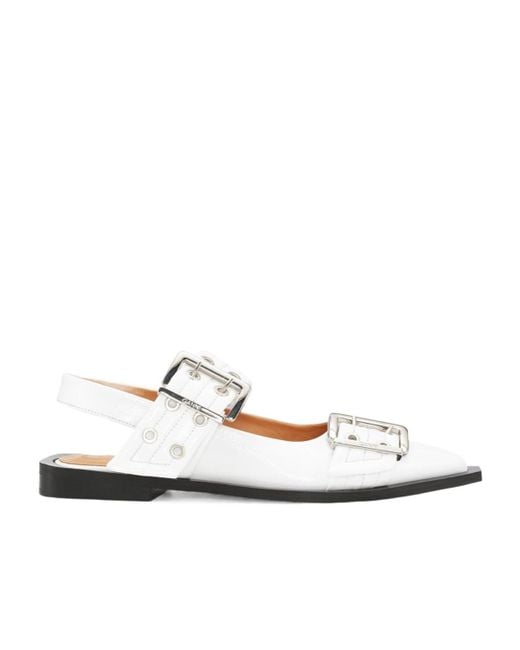 Ganni White Egret Pointed Toe Buckle Ballerinas
