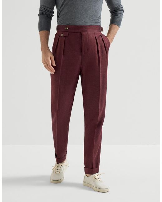 Brunello Cucinelli Red Linen And Virgin Wool Chevron Trousers With Double Pleats And Waist Tabs for men