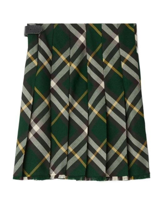 Burberry Green Check Printed Pleated Skirt