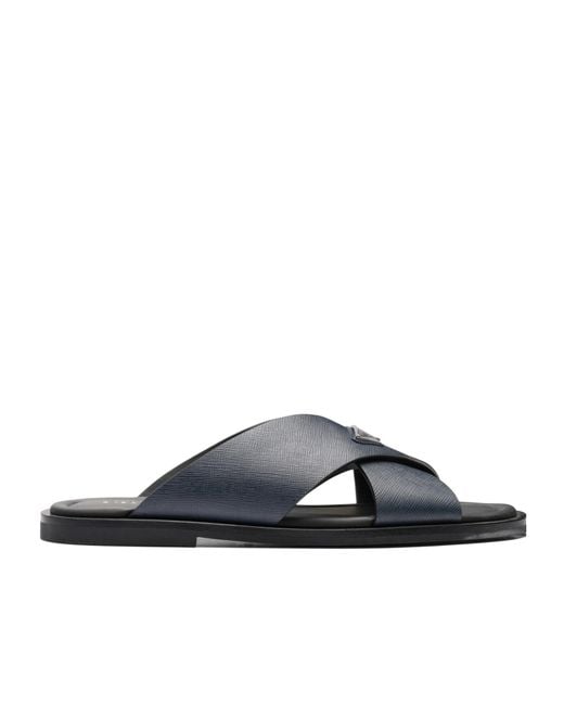 Prada Blue Saffiano Leather Crisscross Slides for men